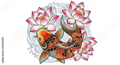 Elegant koi fish illustration with blossoming lotus flowers, graceful movement, and detailed scale