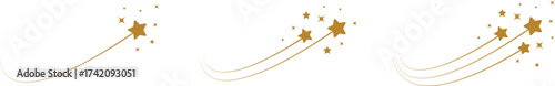 Shooting star icon set with gold, outline falling stars, celestial night sky sparkle and comet trail symbols, vector collection for magic, fantasy, astrology and decoration design