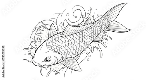 Koi fish line art with flowing water design perfect for coloring book pages