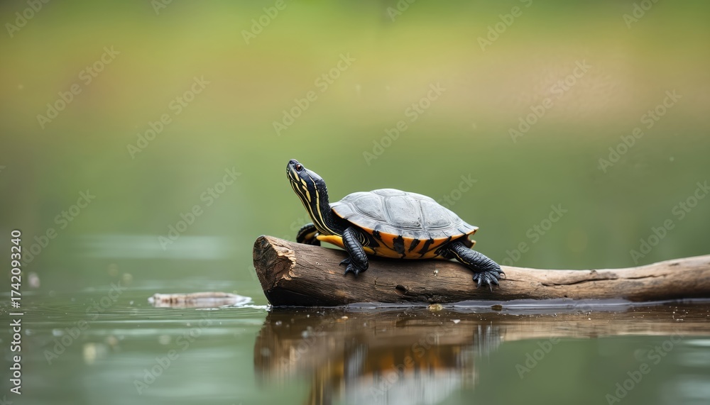 Obraz premium Adult yellow-bellied slider turtle with striped shell rests on large floating wood log in water. Wild aquatic reptile basks in warm sun, looking up from log. Animal enjoys natural fresh water