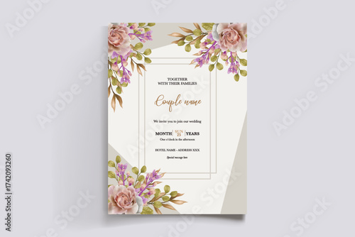 WEDDING INVITATION FRAME WITH FLOWER DECORATIONS AND FRESH LEAVES