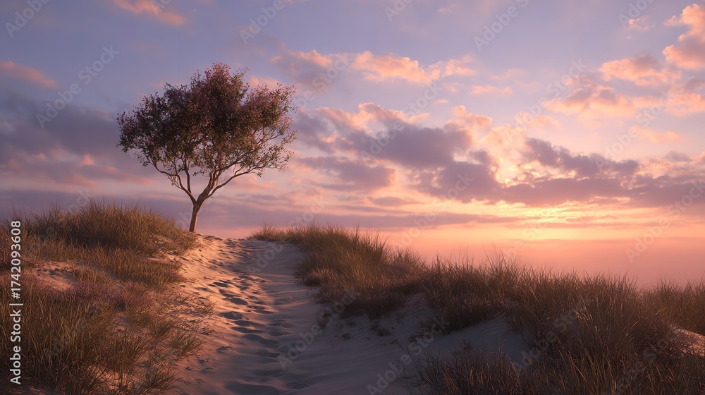 Fototapeta premium A lone tree stands gracefully on a sandy dune bathed in the warm glow of a serene sunset invoking feelings of peace and