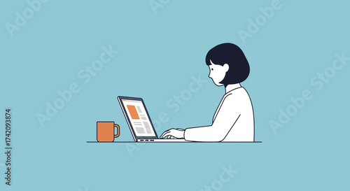 Minimalist person working on laptop computer with coffee mug nearby, depicting focus and productivity in simple, clean style