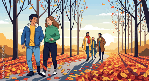 Couple walks on path covered in autumn leaves, with other people walking in the, enjoying beautiful fall day outdoors