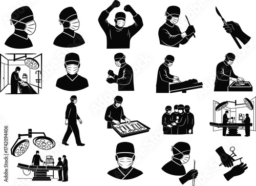 Surgeon Silhouette Icons, Medical Surgery Vector, Operating Room Illustration, Surgeon with Mask, Healthcare Professional Silhouettes, Doctor Surgery Icons, Hospital Surgery
