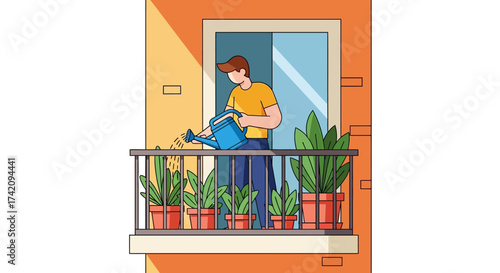 Man watering plants on balcony, urban gardening and green lifestyle in city apartment, with potted plants and watering can
