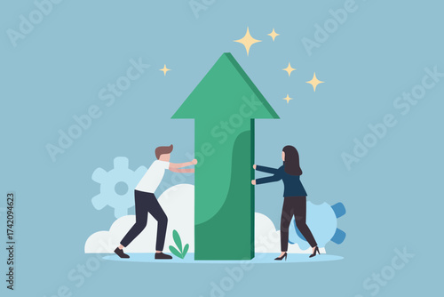 Teamwork and collaboration driving business growth and success with upward arrow and shining stars