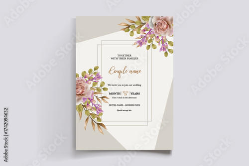 WEDDING INVITATION FRAME WITH FLOWER DECORATIONS AND FRESH LEAVES