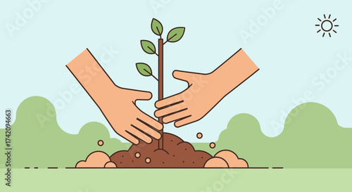 Two hands planting small tree in fertile soil, symbolizing growth, nature, and environmental care with bright sun in the