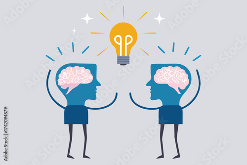 Two heads with brains and a lightbulb symbolizing shared ideas and innovation