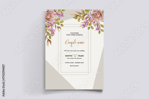 WEDDING INVITATION FRAME WITH FLOWER DECORATIONS AND FRESH LEAVES