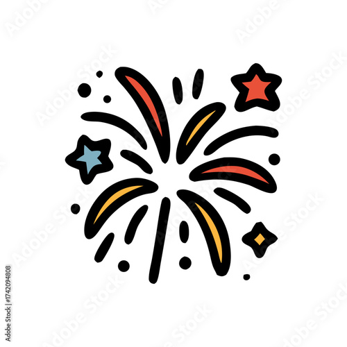 Fireworks celebration illustration featuring exploding star shapes for festive designs, suitable for invitations, posters, and holiday decorations. Exciting and vibrant