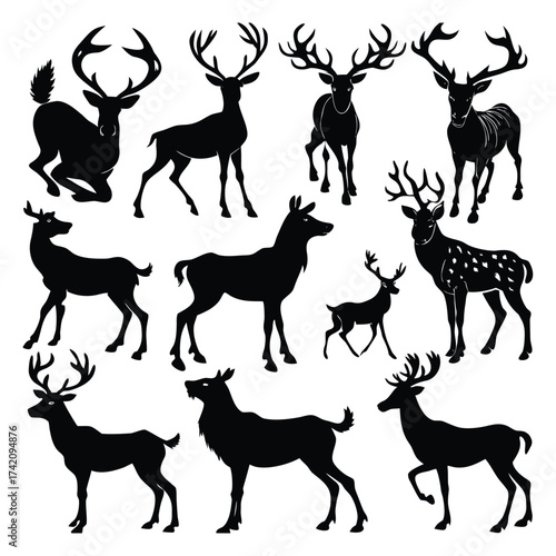 Deer Silhouette Vector Set,Deer Silhouette Illustration,Deer Silhouette Bundle,Deer Silhouette Icons,Deer Silhouette Isolated on White,Wild Deer Silhouette Set,Deer Silhouette Clipart,Deer 