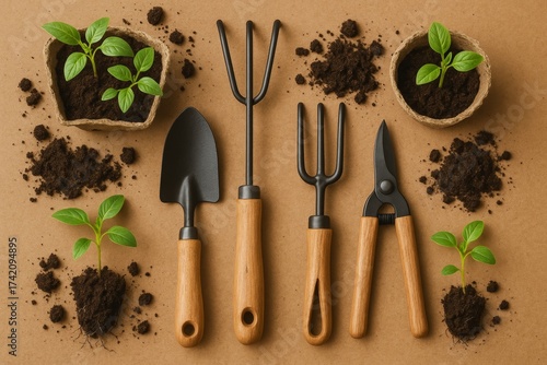 Gardening tools and young seedlings on soil background. Perfect concept for spring planting and eco lifestyle.