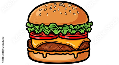 Cheeseburger Cartoon with Lettuce, Tomato, and Melted Cheese