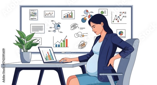 A Pregnant Professional Woman Working at Her Desk, Illustrating the Challenges and Resilience of Balancing Career and Motherhood in a Modern Office Environment