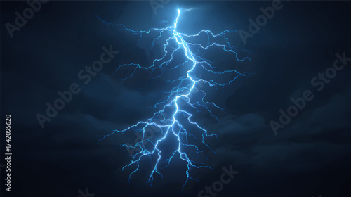 A dramatic lightning bolt striking through a dark stormy sky, illuminating the clouds with a bright blue glow