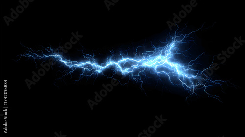 A dramatic lightning bolt striking through a dark stormy sky, illuminating the clouds with a bright blue glow