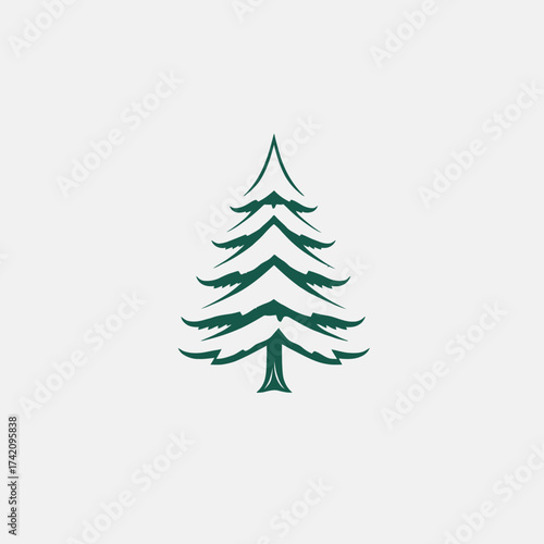 Stylized illustration of a green evergreen tree, featuring a symmetrical, layered design on a white background.