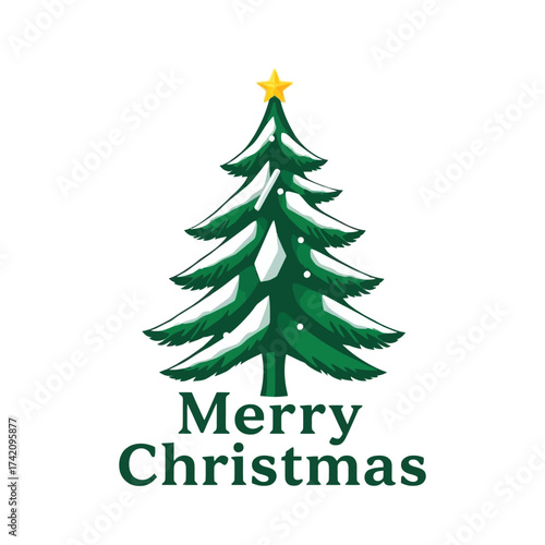A festive illustration of a Christmas tree with snow and a gold star, alongside "Merry Christmas" text.