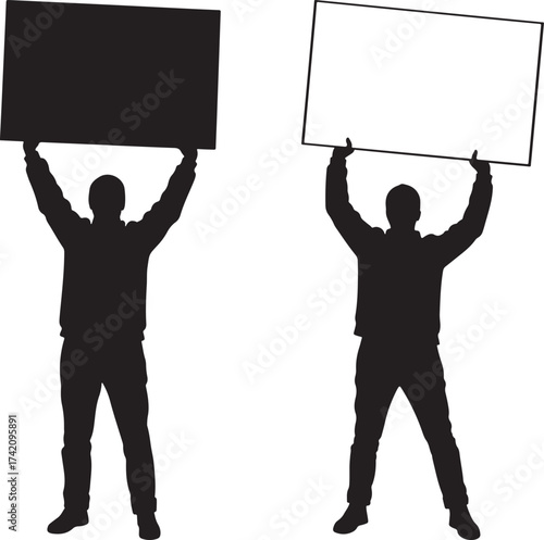 Two people holding blank signs silhouette