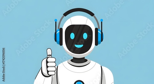 Friendly Robot with Headset Giving Thumbs Up, Representing AI and Technological Approval, Ideal for Digital Interface and Modern Concepts
