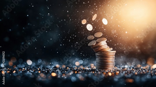 Economic risk investment Stack of coins toppling over, dark background, single light source highlighting the falling coins, represents financial instability
