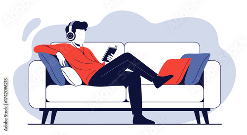 Man relaxing on couch, wearing headphones and holding phone, enjoying music or entertainment in comfortable home setting