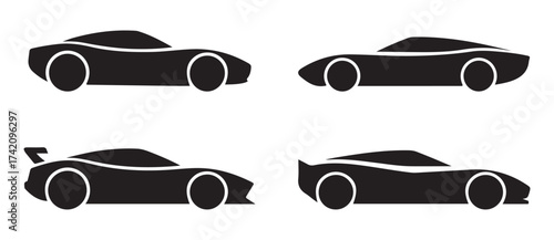 Set of four various vector car illustrations in black and white