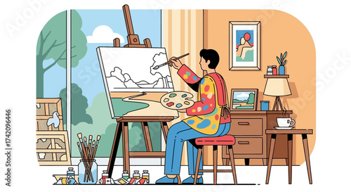 An artist painting landscape on canvas at an easel in bright room with window, showcasing creativity, artistic expression, and passion for