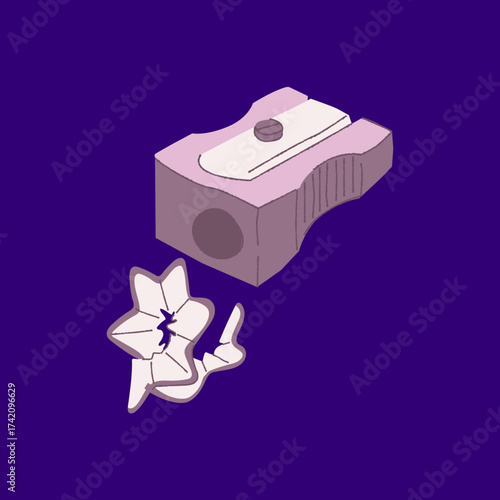 Pink pencil sharpener with broken pencil shavings on a purple background