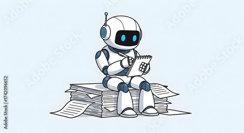 A thoughtful robot taking notes, pondering complex data, sitting atop a stack of documents, symbolizing AI analysis and information processing, futuristic concept