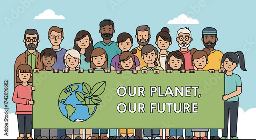 Diverse group people all ages holding banner that reads our planet, our future with globe graphic, advocating for environmental protection and sustainable future for earth