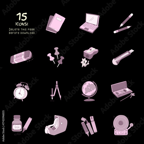 Collection of 15 hand drawn school and office supply icons