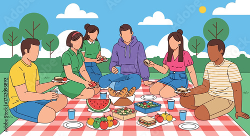 Diverse group friends enjoying sunny day picnic in park, sitting on checkered blanket with spread food and drinks