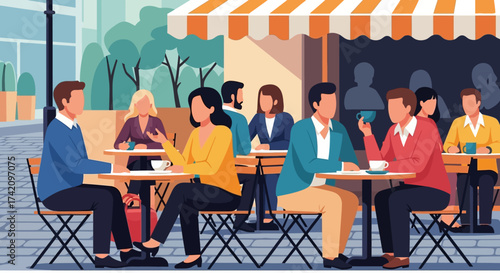 People sitting at outdoor cafe tables, enjoying conversation and drinks, urban street scene with awning