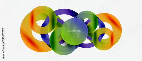 Abstract colorful circles overlap creating dynamic visual effect. Gradient hues blend smoothly, forming modern design element.