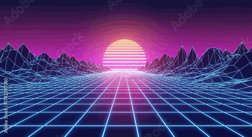 Retro futuristic landscape with neon grid and glowing sun, 80s synthwave aesthetic, digital