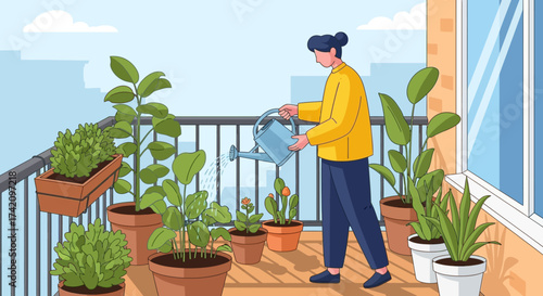 Person watering plants on balcony with watering can, enjoying hobby and nurturing greenery in an urban setting