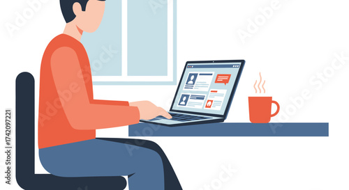 Person sitting at desk, typing on laptop with cup hot coffee nearby, working or studying from home