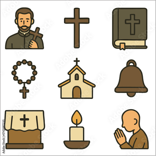 Flat Religious Icon Set, Feast of St. Francis Xavier Minimalist Vector Collection