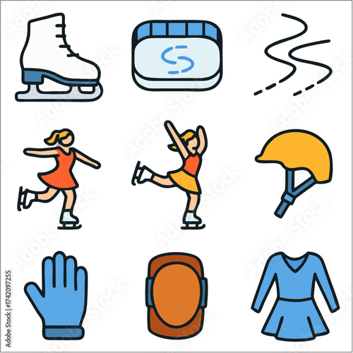 Flat Ice Skating Icon Set, Minimalist Winter Sports Vector Collection 