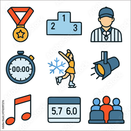 Flat Ice Skating Icon Set, Minimalist Winter Sports Vector Collection 