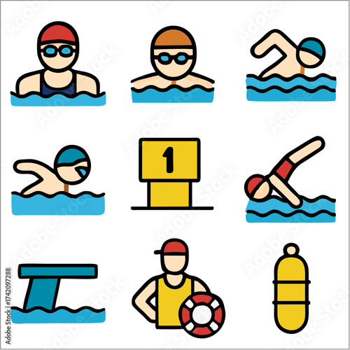 Flat Swimming Icon Set, Minimalist Vector Collection for Pools and Aquatic Sports