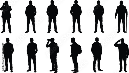 Collection of male silhouettes in different poses, standing, walking, thinking, calling, observing, stylish casual men vector illustration design