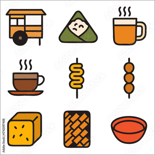 Flat Angkringan Icon Set, Minimalist Indonesian Street Food Vector Collection 