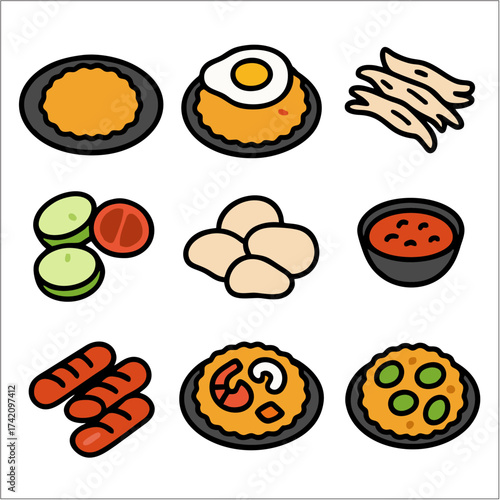 Flat Fried Rice Icon Set, Minimalist Indonesian Food Vector Collection
