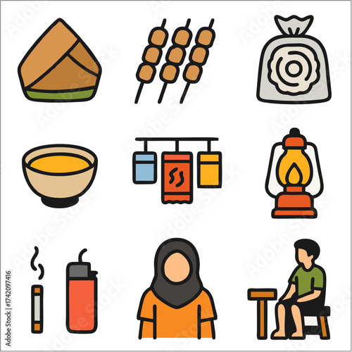 Flat Angkringan Icon Set, Minimalist Indonesian Street Food Vector Collection 