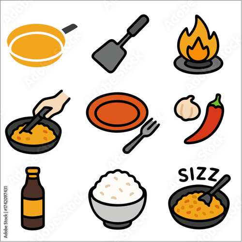 Flat Fried Rice Icon Set, Minimalist Indonesian Food Vector Collection