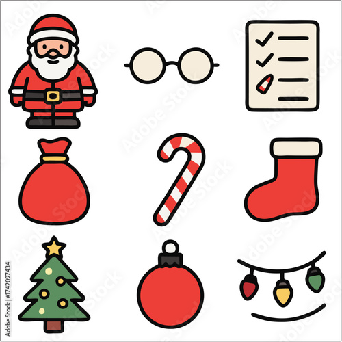 Flat Santa Claus Icon Set, Minimalist Christmas Vector Collection 